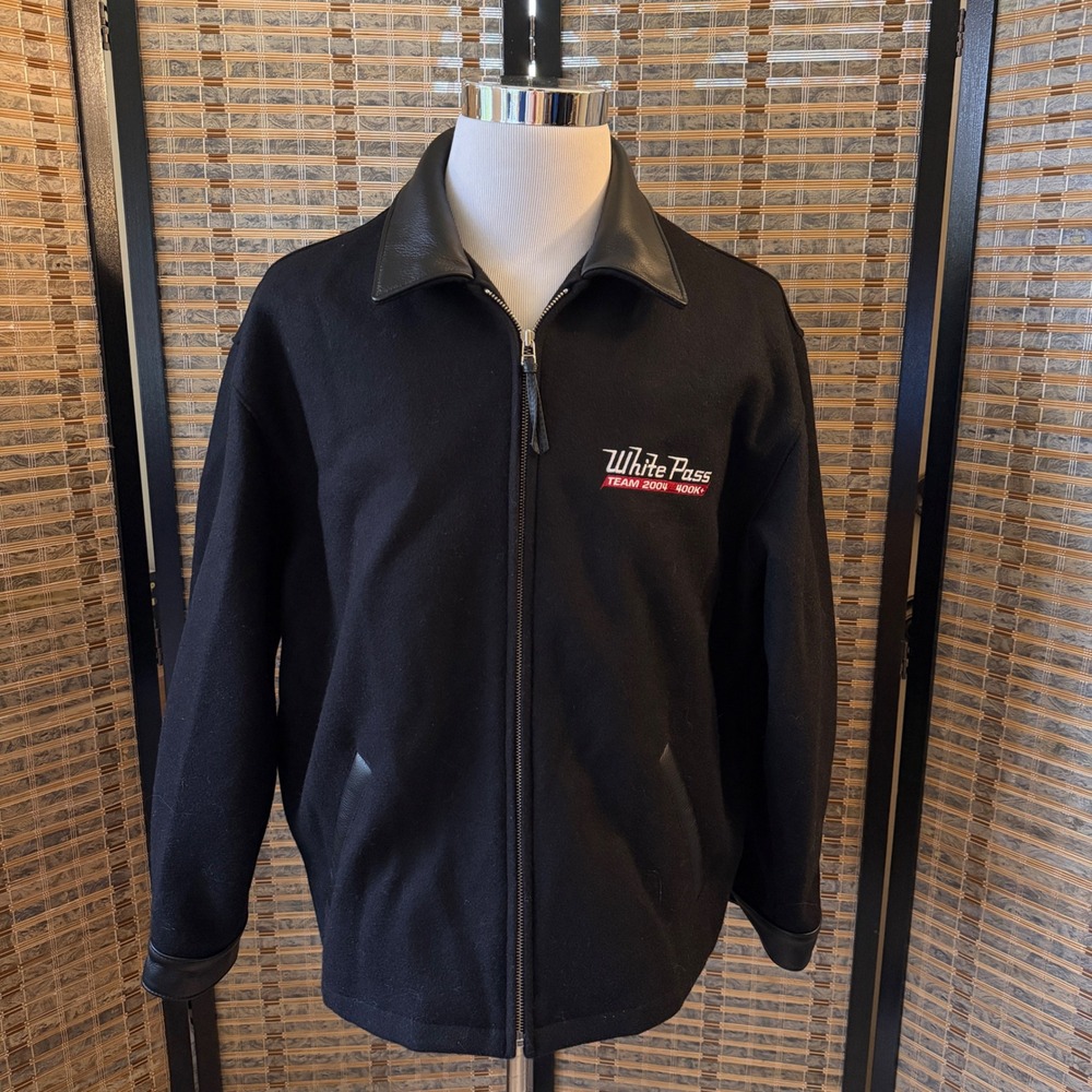Roots Jacket Mens Large Black Wool Leather Trim White Pass Team 2004 Bomber